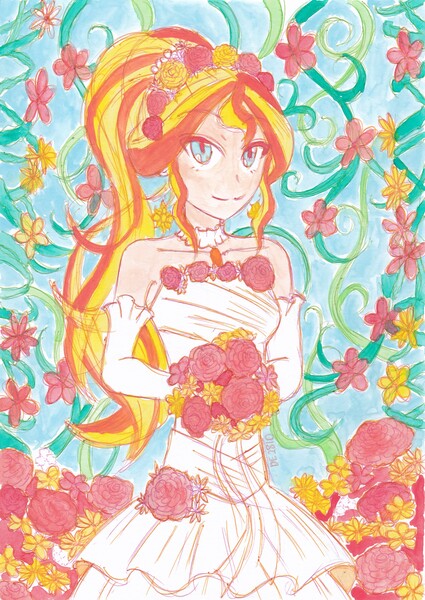 Size: 2468x3484 | Tagged: safe, artist:dragonemperror2810, derpibooru import, sunset shimmer, equestria girls, clothes, dress, looking at you, solo, traditional art, wedding dress