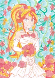 Size: 2468x3484 | Tagged: safe, artist:dragonemperror2810, derpibooru import, sunset shimmer, equestria girls, clothes, dress, looking at you, solo, traditional art, wedding dress