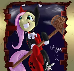 Size: 1050x1000 | Tagged: angel bunny, artist:usager, clothes, cosplay, costume, derpibooru import, fluttershy, hammer, harley quinn, safe, the joker