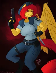 Size: 695x900 | Tagged: anthro, anthro oc, artist:zwitterkitsune, beret, capcom, clothes, cosplay, costume, derpibooru import, gun, handgun, jill valentine, knife, oc, oc:berry slice, pegasus, pistol, resident evil, safe, solo, unofficial characters only, weapon