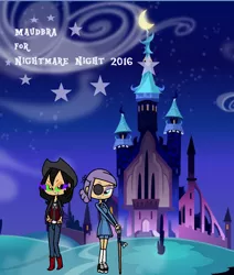 Size: 860x1016 | Tagged: artist:obeliskgirljohanny, black butler, cane, ciel phantomhive, clothes, cosplay, costume, cowboy, cowboy hat, derpibooru import, eyepatch, hat, king sombra, looking at each other, maudbra, maud pie, nightmare moon castle, nightmare night, safe, shipping