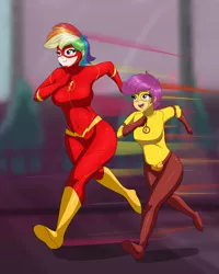 Size: 1016x1267 | Tagged: artist:thebrokencog, barry allen, breasts, busty rainbow dash, commission, crossover, dc comics, derpibooru import, female, human, humanized, kid flash, rainbow dash, running, safe, scootaloo, scootalove, the flash, wally west