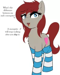 Size: 800x1000 | Tagged: suggestive, artist:monanniverse, derpibooru import, edit, oc, oc:ponepony, unofficial characters only, pony, :3, bedroom eyes, chest fluff, clothes, dialogue, female, flirting, lewd, looking at you, mare, open mouth, recolor, seductive, sex joke, simple background, socks, solo, solo female, striped socks, white background