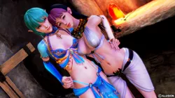 Size: 1920x1080 | Tagged: suggestive, artist:theextraguy, derpibooru import, bon bon, lyra heartstrings, sweetie drops, human, 3d, belly button, breasts, cleavage, clothes, female, females only, halloween, honey select, humanized, lesbian, lyrabon, midriff, shipping
