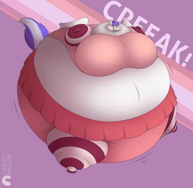 Size: 3772x3675 | Tagged: anthro, artist:gravity inbound, breasts, clothes, derpibooru import, diaper, diaper fetish, female, imminent popping, inflation, near bursting, questionable, round, skirt, smug, socks, solo, solo female, striped socks