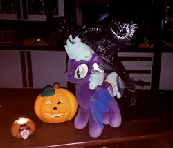 Size: 1280x1101 | Tagged: safe, artist:spookyle, derpibooru import, oc, oc:dream cloud, unofficial characters only, bat pony, pony, halloween, hat, holiday, irl, jack-o-lantern, photo, plushie, pumpkin, solo, witch hat