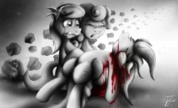 Size: 1832x1113 | Tagged: artist:jamescorck, blood, crying, daisy, death, derpibooru import, fanfic, fanfic art, fanfic:sanguine kindness, flower, flower trio, flower wishes, grimdark, lily, lily valley, monochrome, neo noir, partial color, rose, roseluck, sisters