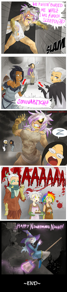 Size: 540x2338 | Tagged: artist:ereb-tauramandil, ask-radical-gilda, body pillow, comic, derpibooru import, gilda, giselle, greta, human, humanized, humanized oc, implied prank, interspecies offspring, irma, magic, magical lesbian spawn, natalya, oc, oc:grizelda, oc:rainbow feather, offspring, parent:gilda, parent:rainbow dash, parents:gildash, semi-grimdark, suggestive, swearing, this ended in death, trixie, vulgar, witch