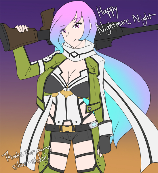 Size: 1280x1400 | Tagged: artist:jonfawkes, breasts, busty princess celestia, cleavage, clothes, cosplay, costume, derpibooru import, female, gun, halloween, human, humanized, looking at you, nightmare night, princess celestia, rifle, safe, series:nightmare war, sinon, smiling, solo, sword art online, weapon