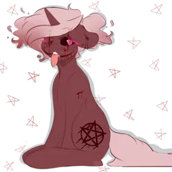 Size: 1024x1024 | Tagged: semi-grimdark, artist:alliedrawsart, derpibooru import, oc, oc:crona, unofficial characters only, pony, unicorn, blood, female, goretober, pentagram, simple background, sitting, solo, tongue out, transparent background