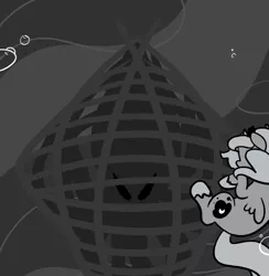 Size: 666x682 | Tagged: artist:egophiliac, derpibooru import, filly, giant squid, grayscale, monochrome, moonstuck, net, princess luna, safe, underwater, underwater basket weaving, woona, younger