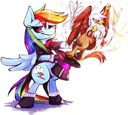 Size: 1147x1034 | Tagged: safe, artist:setoya, derpibooru import, gilda, rainbow dash, butterfly, gryphon, pony, backwards cutie mark, bipedal, bowtie, clothes, costume, hat, looking at you, magic, pixiv, suit, top hat