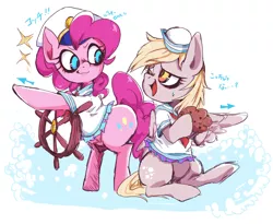 Size: 1290x1056 | Tagged: safe, artist:setoya, derpibooru import, derpy hooves, pinkie pie, pegasus, pony, female, food, mare, muffin, pixiv, pointing, sailor, wheel