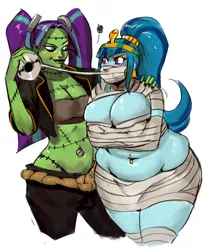 Size: 1500x1830 | Tagged: suggestive, artist:bimbo sparkles, derpibooru import, aria blaze, sonata dusk, equestria girls, bbw, belly button, bellyring, big breasts, bondage, breasts, busty aria blaze, busty sonata dusk, chubby, cleavage, fat, female, frankenstein's monster, gag, halloween, halloween costume, midriff, muffin top, mummification, mummy, piercing, sonatubby, thunder thighs, wide hips