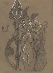 Size: 2416x3361 | Tagged: anthro, artist:ogaraorcynder, barbie doll anatomy, belly button, bloodstone scepter, breasts, busty princess ember, claws, derpibooru import, dragon, dragoness, dragon lord ember, dragon wings, female, gauntlet of fire, horns, lidded eyes, looking at you, princess ember, sketch, solo, solo female, suggestive, traditional art, unamused, wings