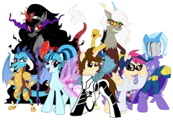 Size: 3167x2270 | Tagged: safe, artist:edcom02, artist:jmkplover, derpibooru import, discord, king sombra, princess ember, sonata dusk, trixie, oc, oc:mayday parker sparkle, ponified, draconequus, dragon, pegasus, pony, unicorn, equestria girls, avengers, bipedal, bloodstone scepter, crossover, dragon armor, dragon lord ember, equestria girls ponified, equestrian avengers, eris, group, mysterio, offspring, parent:peter parker, parent:twilight sparkle, parents:spidertwi, peter parker, queen umbra, rule 63, simple background, sombra eyes, spider-man, spiders and magic iv: the fall of spider-mane, spiders and magic: rise of spider-mane, transparent background