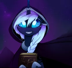 Size: 1280x1202 | Tagged: safe, artist:magnaluna, derpibooru import, princess luna, book, braid, call of cthulhu, cloak, clothes, fangs, grin, looking at you, night, smiling, solo, stars