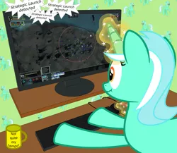 Size: 1669x1452 | Tagged: safe, artist:s4ncho, derpibooru import, lyra heartstrings, pony, unicorn, computer, gamer lyra, magic, mug, newbie artist training grounds, scrunchy face, solo, supreme commander, telekinesis, video game, whiplash (movie)