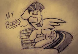 Size: 2251x1554 | Tagged: safe, artist:toothpastethy, derpibooru import, twilight sparkle, twilight sparkle (alicorn), alicorn, pony, book, bookhorse, cutie mark, disgruntled, grayscale, monochrome, protecting, sketch, solo, text, that pony sure does love books