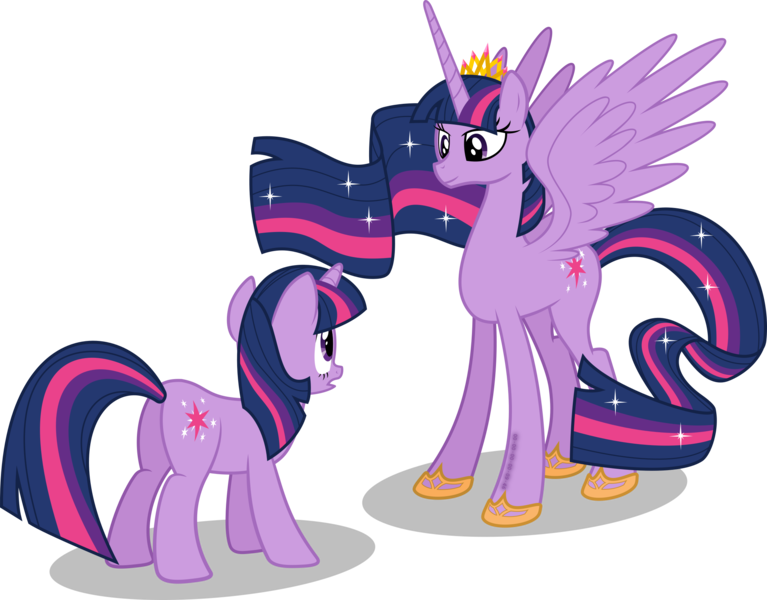 Size: 2267x1774 | Tagged: safe, artist:s4ncho, derpibooru import, twilight sparkle, twilight sparkle (alicorn), alicorn, pony, unicorn, crown, duality, duo, ethereal mane, female, future future twilight, hilarious in hindsight, imminent death, in time, jewelry, mare, movie reference, newbie artist training grounds, older, older twilight, regalia, self ponidox, shoes, simple background, tattoo, time paradox, time travel, transparent background, ultimate twilight, unicorn twilight, vector