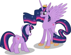 Size: 2267x1774 | Tagged: safe, artist:s4ncho, derpibooru import, twilight sparkle, twilight sparkle (alicorn), alicorn, pony, unicorn, crown, duality, duo, ethereal mane, female, future future twilight, hilarious in hindsight, imminent death, in time, jewelry, mare, movie reference, newbie artist training grounds, older, older twilight, regalia, self ponidox, shoes, simple background, tattoo, time paradox, time travel, transparent background, ultimate twilight, unicorn twilight, vector