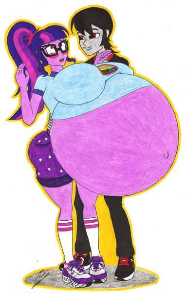 Size: 4291x6745 | Tagged: questionable, artist:metaldudepl666, derpibooru import, sci-twi, twilight sparkle, oc, oc:flame thrower, equestria girls, legend of everfree, absurd resolution, belly, belly button, big breasts, breasts, busty twilight sparkle, canon x oc, clothes, female, glasses, huge breasts, hyper, hyper pregnancy, impossibly large belly, male, outie belly button, ponytail, pregnant, shipping, shorts, sneakers, socks, straight, traditional art