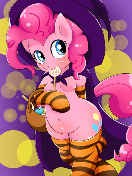 Size: 900x1200 | Tagged: anthro, arm hooves, artist:umejiru, belly, belly button, breasts, candy, cape, clothes, derpibooru import, featureless breasts, featureless crotch, female, food, halloween, hat, pinkie pie, pixiv, plump, socks, solo, striped socks, suggestive, witch hat