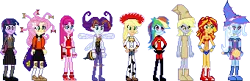 Size: 340x110 | Tagged: safe, artist:toonalexsora007, derpibooru import, applejack, derpy hooves, fluttershy, pinkie pie, rainbow dash, rarity, sunset shimmer, trixie, twilight sparkle, equestria girls, clothes, cosplay, costume, crossover, dark magician girl, darkstalkers, elastigirl, final fight, halloween, halloween costume, harry potter, hermione granger, jessie (toy story), mona, mona the vampire, paper bag wizard, paper bags, pixel art, queen bee, simple background, sprite, the incredibles, toy story, transparent background, wonder woman, yu-gi-oh!