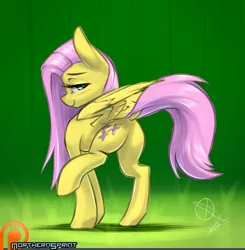 Size: 1280x1304 | Tagged: artist:northernsprint, bedroom eyes, blushing, derpibooru import, dock, edit, explicit source, female, flutterbutt, fluttershy, looking at you, looking back, patreon, patreon logo, plot, presenting, raised leg, raised tail, sfw edit, smiling, solo, solo female, spread wings, suggestive, tail