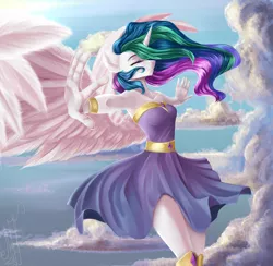 Size: 4000x3910 | Tagged: alicorn, anthro, armpits, artist:zefirayn, clothes, cloud, cute, derpibooru import, dress, eyes closed, female, fluffy, flying, grin, princess celestia, safe, smiling, solo, spread wings, windswept mane