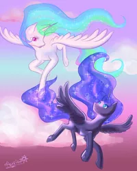 Size: 1600x2000 | Tagged: artist:auriaslayer, derpibooru import, flying, princess celestia, princess luna, royal sisters, safe, smiling