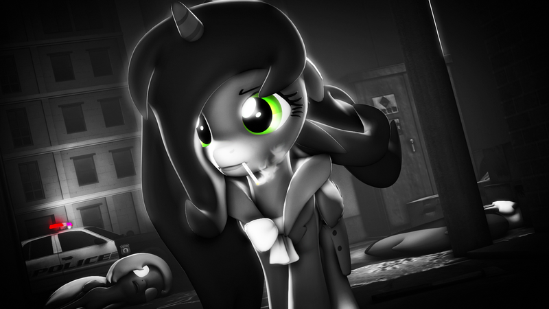 Size: 1920x1080 | Tagged: 3d, artist:star-lightstarbright, cigarette, crime scene, derpibooru import, detective, empty eyes, monochrome, neo noir, oc, oc:savannah reed, oc:starlight starbright, partial color, police car, semi-grimdark, unofficial characters only