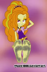 Size: 947x1454 | Tagged: suggestive, artist:maze1000, derpibooru import, adagio dazzle, equestria girls, barefoot, bedroom eyes, dirty, feet, foot fetish, foot focus, grin, looking at you, raised eyebrow, sitting, smiling, solo