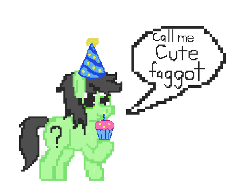 Size: 3000x2400 | Tagged: safe, artist:awesometheweirdo, derpibooru import, oc, oc:anon, oc:anonfilly, unofficial characters only, crossover, cupcake, cutie mark, female, filly, five nights at freddy's, food, hat, party hat, pixel art, solo, vulgar