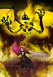 Size: 630x906 | Tagged: safe, artist:crydius, derpibooru import, sunset shimmer, demon, human, badass, bloodborne, clothes, crossover, element of magic, fire, humanized, magic, story included, sword, weapon