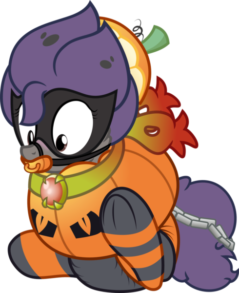Size: 807x989 | Tagged: artist:nxzc88, blushing, bondage, derpibooru import, diaper, diaper fetish, flat cap, hat, inflatable, inflatable suit, jewelry, mask, necklace, oc, oc:raze, pacifier gag, poofy diaper, pumpkin, pumpkin hat, pumpkin suit, questionable, simple background, solo, transparent background, underhoof, unofficial characters only