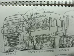 Size: 3264x2448 | Tagged: safe, artist:orang111, derpibooru import, trixie, twilight sparkle, pony, unicorn, crash, doodle, jissouseki, korean, renault, renault range t, scania, scania r-series streamline, traditional art, truck, twilight vs trixie