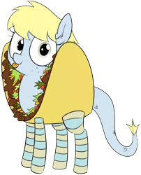 Size: 1280x1587 | Tagged: safe, artist:wafflecakes, derpibooru import, oc, oc:flo, unofficial characters only, merpony, clothes, costume, cute, food, looking at you, simple background, smiling, socks, solo, striped socks, taco, tongue out, transparent background