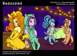 Size: 1024x736 | Tagged: safe, artist:goddessgoodra, derpibooru import, adagio dazzle, aria blaze, sonata dusk, sunset shimmer, bulbasaur, charmander, pikachu, squirtle, comic:bedazzled, equestria girls, adoragio, ariabetes, clothes, costume, cute, halloween, lantern, pokémon, the dazzlings