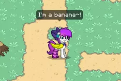Size: 408x272 | Tagged: banana, bowtie, clothes, derpibooru import, food, oc, oc:lavanda, pony town, safe, socks, striped socks, unofficial characters only