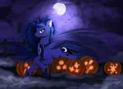 Size: 4661x3398 | Tagged: artist:vinicius040598, cutie mark, derpibooru import, fog, implied mane six, jack-o-lantern, moon, night, nightmare night, princess luna, prone, pumpkin, safe, solo, spread wings