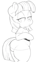 Size: 623x1046 | Tagged: artist:purple-yoshi-draws, black and white, boulder buns, derpibooru import, female, grayscale, lidded eyes, looking back, maud pie, monochrome, semi-anthro, simple background, solo, solo female, suggestive, the ass was fat, thunder thighs, white background