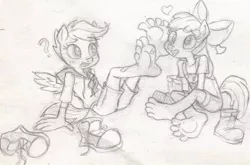 Size: 698x462 | Tagged: anthro, apple bloom, artist:dertikleen, barefoot, clothes, converse, derpibooru import, feet, foot fetish, monochrome, plantigrade anthro, scootaloo, shoes, shoes removed, suggestive, toes, traditional art