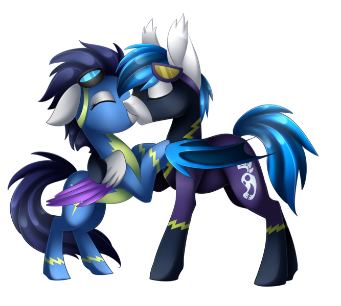 Size: 3000x2700 | Tagged: safe, artist:scarlet-spectrum, derpibooru import, oc, oc:blue storm, oc:switch, oc:switch storm, unofficial characters only, pegasus, pony, clothes, eyes closed, goggles, kissing, male, rearing, shadowbolts costume, simple background, straight, transparent background, wonderbolts uniform