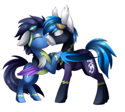 Size: 3000x2700 | Tagged: safe, artist:scarlet-spectrum, derpibooru import, oc, oc:blue storm, oc:switch, oc:switch storm, unofficial characters only, pegasus, pony, clothes, eyes closed, goggles, kissing, male, rearing, shadowbolts costume, simple background, straight, transparent background, wonderbolts uniform