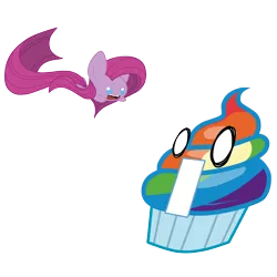 Size: 1500x1500 | Tagged: angry, artist:oathkeeper21, chibi, cupcake, cupcakified, derpibooru import, fanfic:cupcakes, food, open mouth, pinkamena diane pie, pinkie pie, rainbow cupcake, rainbow dash, safe, scared, sharp teeth, simple background, teeth, transparent background