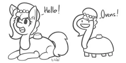 Size: 2400x1200 | Tagged: artist:dsp2003, asdfmovie, black and white, crossover, cute, derpibooru import, dialogue, grayscale, hello, mine turtle, monochrome, oc, ocbetes, oc:brownie bun, open mouth, parody, prone, safe, simple background, sketch, smiling, tumblr, weapons-grade cute, white background, xk-class end-of-the-kitchen scenario, xk-class end-of-the-world scenario
