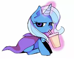 Size: 1604x1278 | Tagged: dead source, safe, artist:setoya, derpibooru import, trixie, pony, unicorn, drinking, levitation, looking at you, magic, milkshake, pixiv, simple background, sitting, solo, telekinesis, trixie's cape, white background