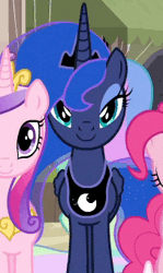 Size: 203x340 | Tagged: safe, derpibooru import, screencap, pinkie pie, princess cadance, princess celestia, princess luna, pony, to where and back again, animated, c:, cute, female, gif, headbob, lidded eyes, looking at you, loop, she knows, smiling, solo focus, wiggle