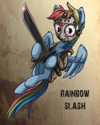 Size: 1500x1875 | Tagged: safe, artist:starbat, derpibooru import, rainbow dash, pegasus, pony, crossover, female, friday the 13th, halloween, holding, jason voorhees, looking at you, machete, mare, solo